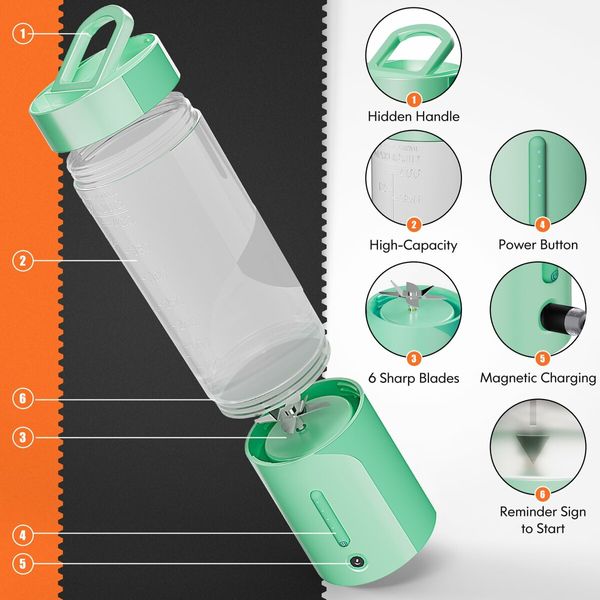 Portable Blender,Personal Size Blender for Shakes and Smoothies with 6 Ultra Sharp Blades,16 Oz Mini Blender USB Rechargeable Magnetic for Travel/Picnic/Office/Gym (Green)