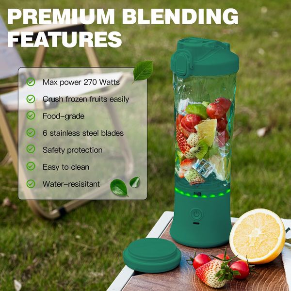 Portable Blender,270 Watt for Shakes and Smoothies Waterproof Blender USB Rechargeable with 20oz Blender Cups with Travel Lid (Green,20oz)