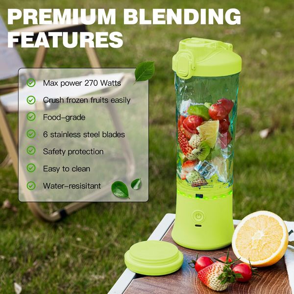 Portable Blender,270 Watt for Shakes and Smoothies Waterproof Blender USB Rechargeable with 20oz Blender Cups with Travel Lid (Yellow,20oz)