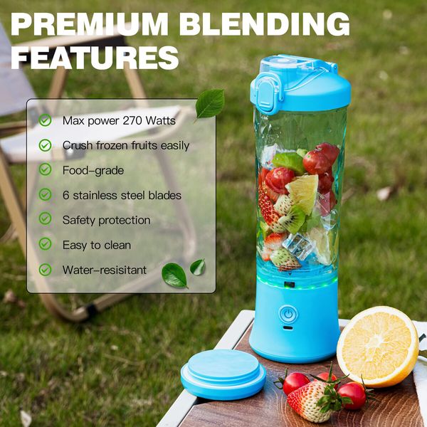 Portable Blender,270 Watt for Shakes and Smoothies Waterproof Blender USB Rechargeable with 20oz Blender Cups with Travel Lid (Blue,20oz)