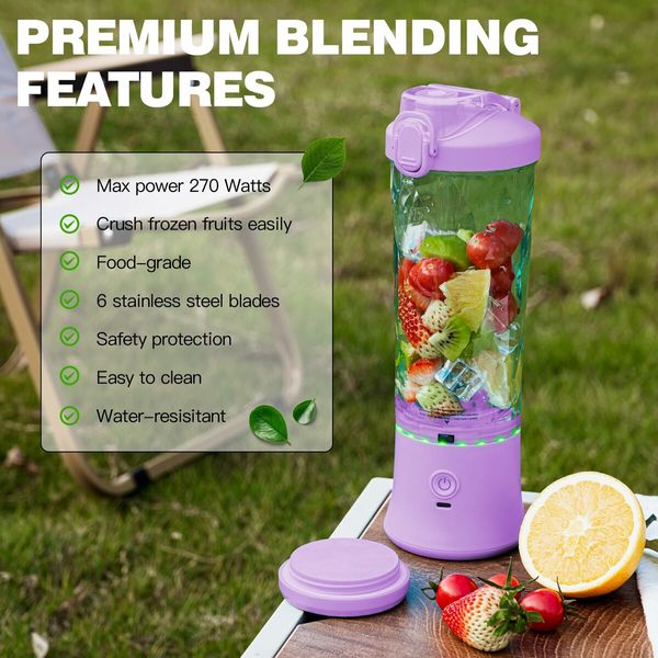 Portable Blender,270 Watt for Shakes and Smoothies Waterproof Blender USB Rechargeable with 20oz Blender Cups with Travel Lid (Purple,20oz)