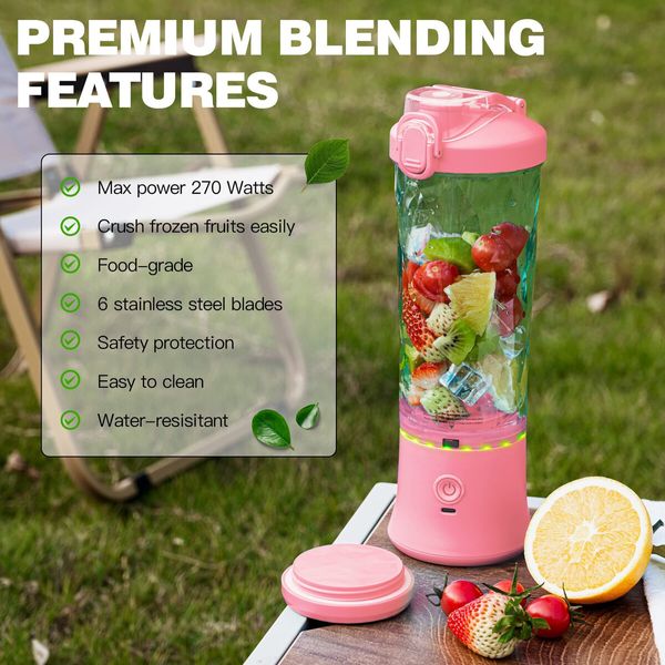 Portable Blender,270 Watt for Shakes and Smoothies Waterproof Blender USB Rechargeable with 20oz Blender Cups with Travel Lid (Pink,20oz)