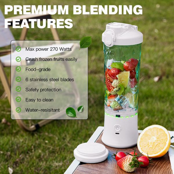 Portable Blender,270 Watt for Shakes and Smoothies Waterproof Blender USB Rechargeable with 20oz Blender Cups with Travel Lid (White,20oz)