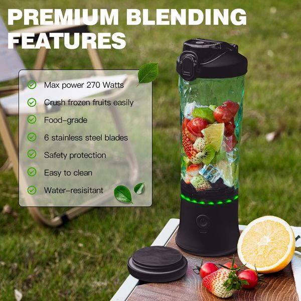 Portable Blender,270 Watt for Shakes and Smoothies Waterproof Blender USB Rechargeable with 20oz Blender Cups with Travel Lid (Black,20oz)