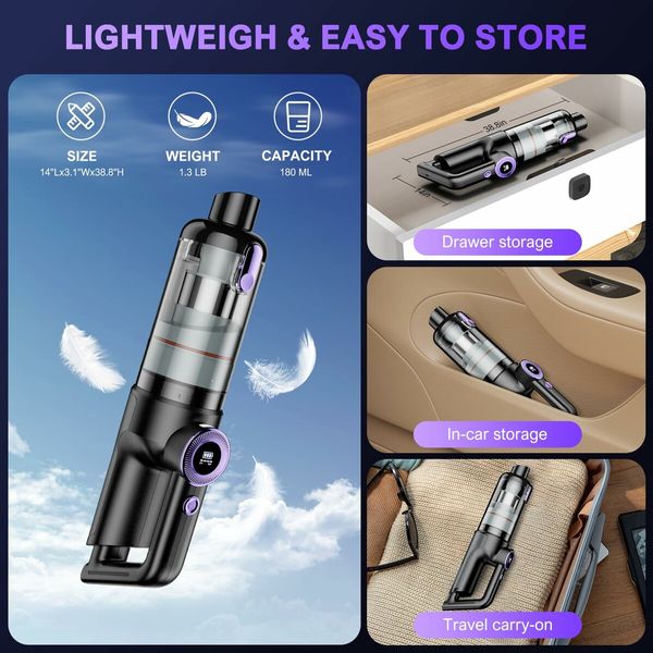 Handheld Vacuum Cordless,Car Vacuum Cleaner with Brushless Motor,20000Pa Strong Suction Vacuum with LED Light,Type C Port,Portable Hand Vacuum for Home,Pet and Car