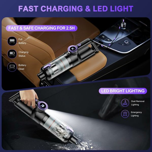 Handheld Vacuum Cordless,Car Vacuum Cleaner with Brushless Motor,20000Pa Strong Suction Vacuum with LED Light,Type C Port,Portable Hand Vacuum for Home,Pet and Car