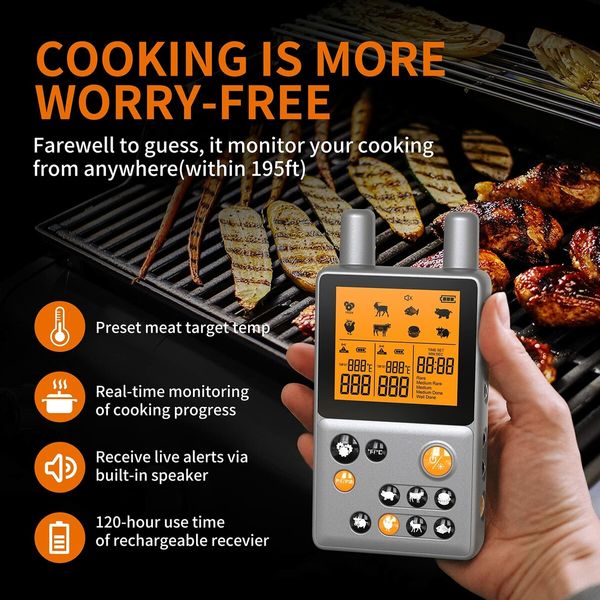 Wireless Meat Thermometer,Max 300FT Digital Meat Thermometer Wireless with 2 Meat Probes For BBQ Oven Grill Smoker Rotisserie Sous Vide