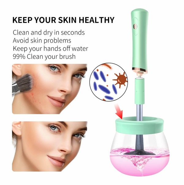 Makeup Brush Cleaner and Dryer Machine Electric Cosmetic Automatic Brush Spinner with 8 Size Rubber Collars(Green)