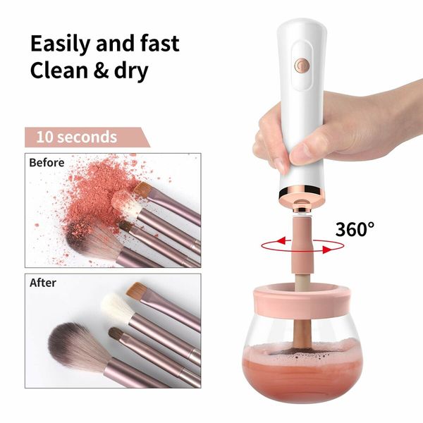 Makeup Brush Cleaner and Dryer Machine Electric Cosmetic Automatic Brush Spinner with 8 Size Rubber Collars(Pink)