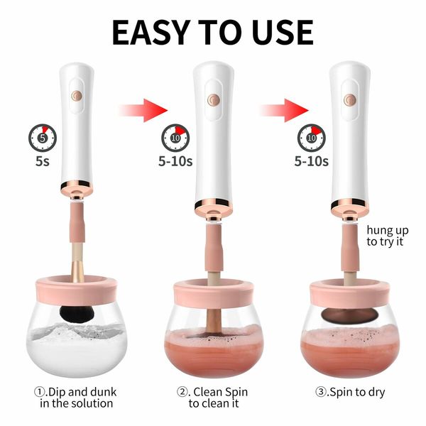 Makeup Brush Cleaner and Dryer Machine Electric Cosmetic Automatic Brush Spinner with 8 Size Rubber Collars(Pink)