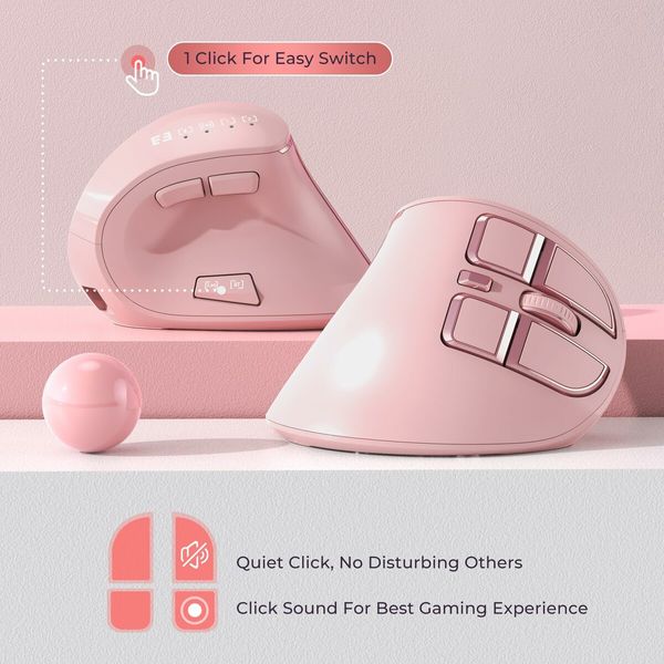 Ergonomic Mouse,Wireless Vertical Mouse,Rechargeable Optical Mice for Multi-Purpose Bluetooth USB Connection,Compatible With iOS Mac Windows Computers - Pink