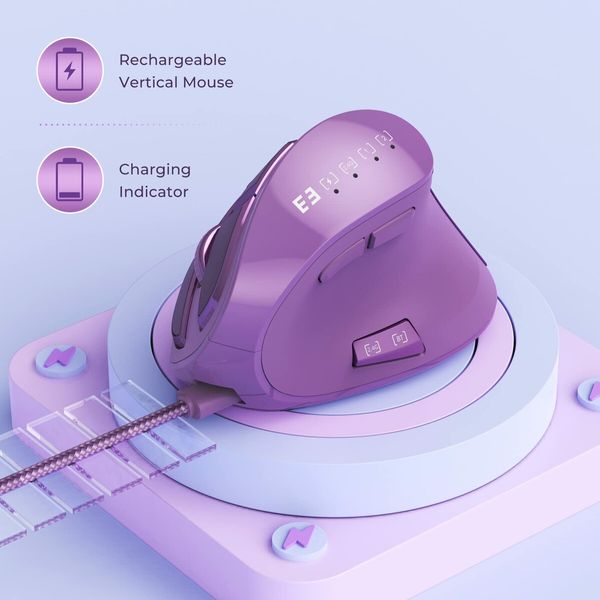 Ergonomic Mouse,Wireless Vertical Mouse,Rechargeable Optical Mice for Multi-Purpose Bluetooth USB Connection,Compatible With iOS Mac Windows Computers - Purple