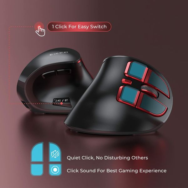 Ergonomic Mouse,Wireless Vertical Mouse,Rechargeable Optical Mice for Multi-Purpose Bluetooth USB Connection,Compatible With iOS Mac Windows Computers - Red