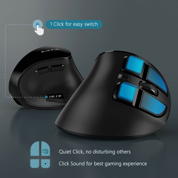 Ergonomic Mouse,Wireless Vertical Mouse,Rechargeable Optical Mice for Multi-Purpose Bluetooth USB Connection,Compatible With iOS Mac Windows Computers - Black