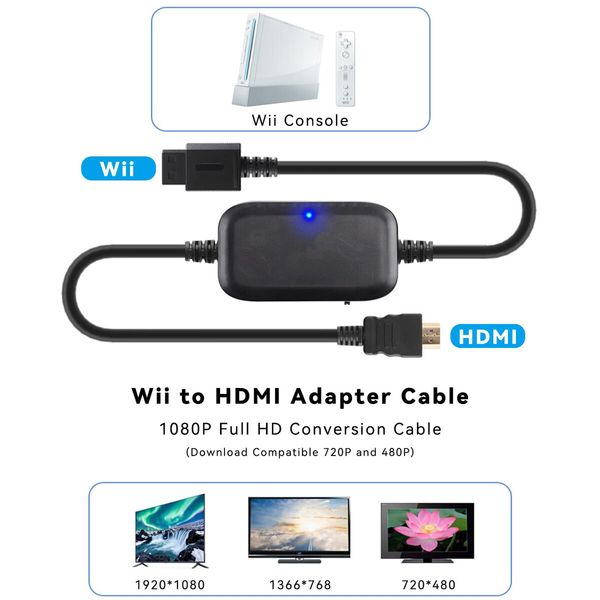 Wii to HDMI Adapter Cable (1080P/720P) Wii HDMI Picture Quality Upscaler Resolution Enhancer Wii 2 HDMI Converter Support All Wii Console Display Modes (2M/6.56FT,Plug and Play)