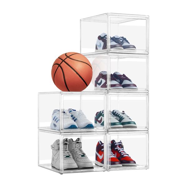 6pcs Shoe Storage Boxes Large Plastic Stackable Clear Containers Organiser Display Cases for Sneaker Clothes Bins with Lids