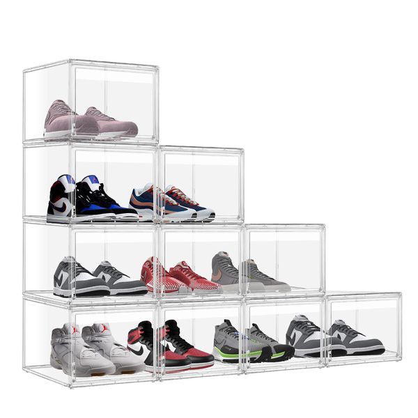 10pcs Shoe Storage Boxes Plastic Large Clear Stackable Organiser Bins Containers Sneaker Display Cases Organizer with Lids