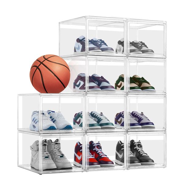 10pcs Shoe Storage Boxes Plastic Large Clear Stackable Organiser Bins Containers Sneaker Display Cases Organizer with Lids