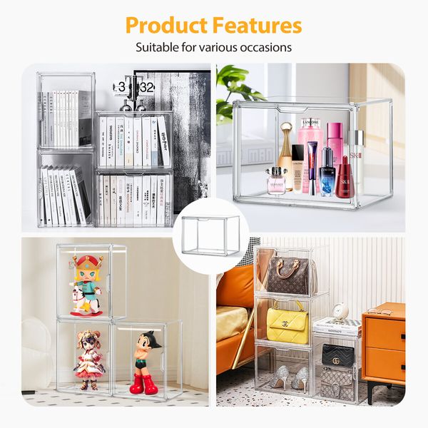 4pcs Shoe Storage Boxes Large Plastic Stackable Clear Containers Sneaker Handbag Clothes Organiser Display Bins with Door