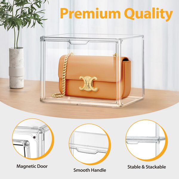 4pcs Shoe Storage Boxes Large Plastic Stackable Clear Containers Sneaker Handbag Clothes Organiser Display Bins with Door