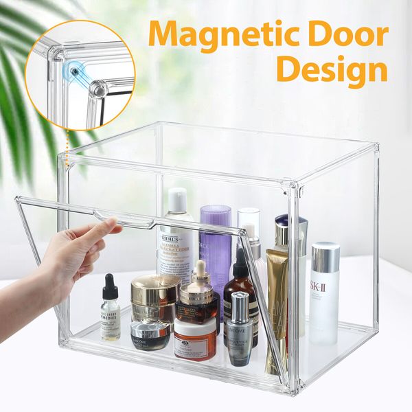 4pcs Shoe Storage Boxes Large Plastic Stackable Clear Containers Sneaker Handbag Clothes Organiser Display Bins with Door