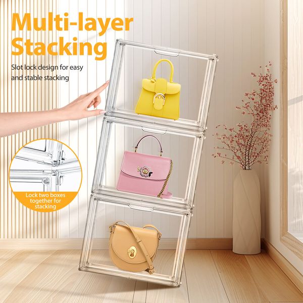 4pcs Shoe Storage Boxes Large Plastic Stackable Clear Containers Sneaker Handbag Clothes Organiser Display Bins with Door