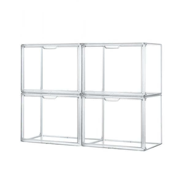 4pcs Shoe Storage Boxes Large Plastic Stackable Clear Containers Sneaker Handbag Clothes Organiser Display Bins with Door