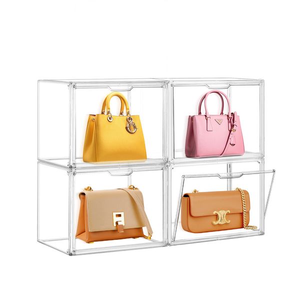 4pcs Shoe Storage Boxes Large Plastic Stackable Clear Containers Sneaker Handbag Clothes Organiser Display Bins with Door