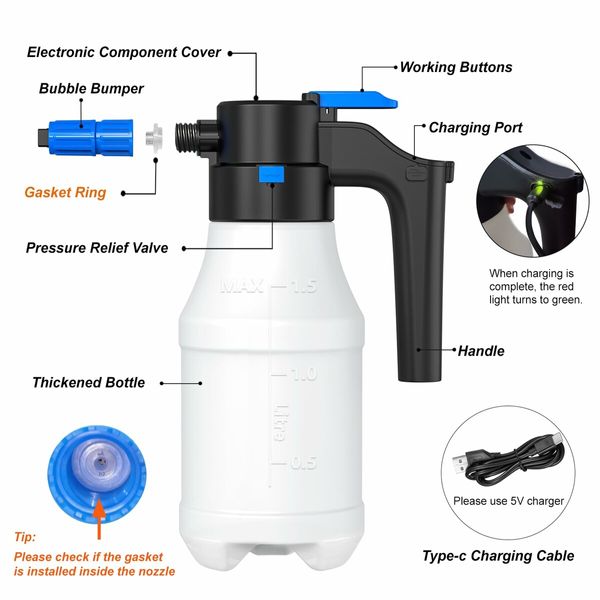 1.5 Liters Electric Foam Sprayer with USB,  Pressurized Foam Sprayer for Car Washing,Foam Sprayer for Home, Garden and Car Beauty and Cleaning