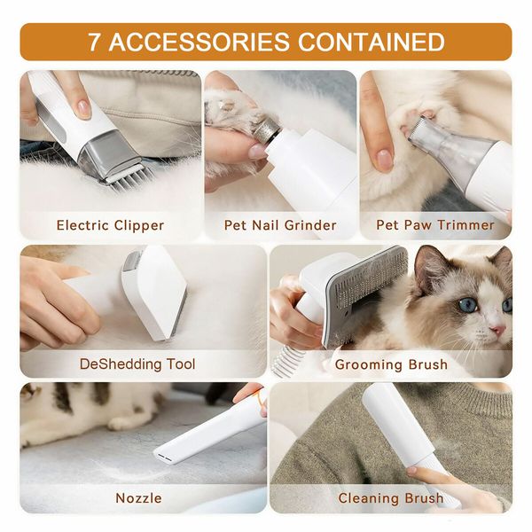 7 in 1 Pro Pet Dog Grooming Kit Cat Hair Trimmer Shaver Nail Clipper Grinder Vacuum Cleaner Deshedding Brush Slicker Removal Groomer Cleaning Tool Set