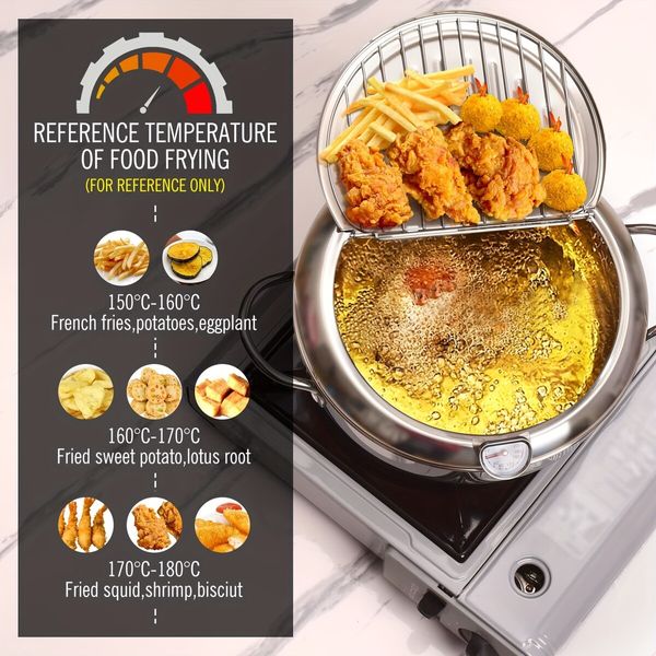 1pc Stainless Steel Deep Fryer with Temperature Control and Oil Filter Rack Perfect for French Fries,Chicken Compatible with Gas and Electric Stoves