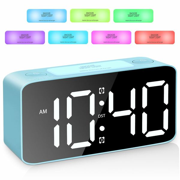 Super Loud Alarm Clock for Heavy Sleepers,Digital Clock with 7 Color NightLight,Adjustable Volume,Dimmer,Small Clocks for Bedrooms (Blue+RGB)