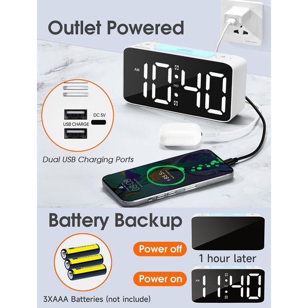 Super Loud Alarm Clock,Digital Clock with 7 Color NightLight,Adjustable Volume,Dimmer,Small Clocks for Bedrooms (White+RGB)