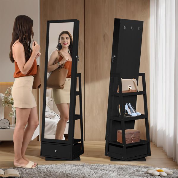 Mirror Jewellery Cabinet Storage Organiser Full Length 360 Degree Rotating Holder Stand Necklace Earrings Ring Armoire