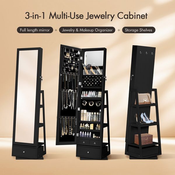 Mirror Jewellery Cabinet Storage Organiser Full Length 360 Degree Rotating Holder Stand Necklace Earrings Ring Armoire