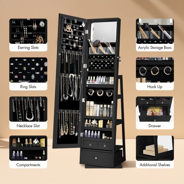 Mirror Jewellery Cabinet Storage Organiser Full Length 360 Degree Rotating Holder Stand Necklace Earrings Ring Armoire