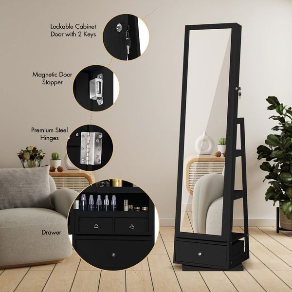 Mirror Jewellery Cabinet Storage Organiser Full Length 360 Degree Rotating Holder Stand Necklace Earrings Ring Armoire