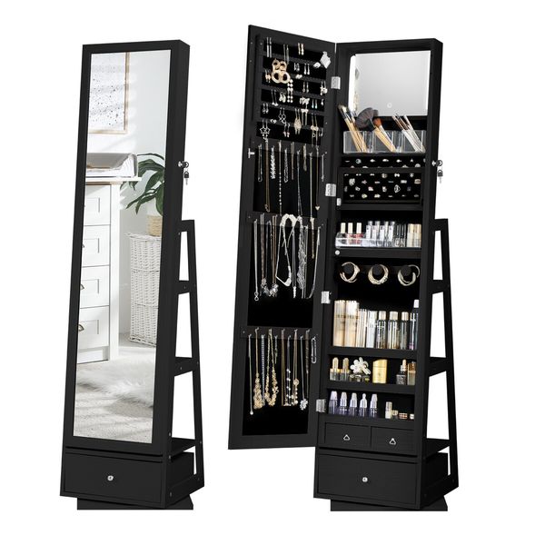 Mirror Jewellery Cabinet Storage Organiser Full Length 360 Degree Rotating Holder Stand Necklace Earrings Ring Armoire