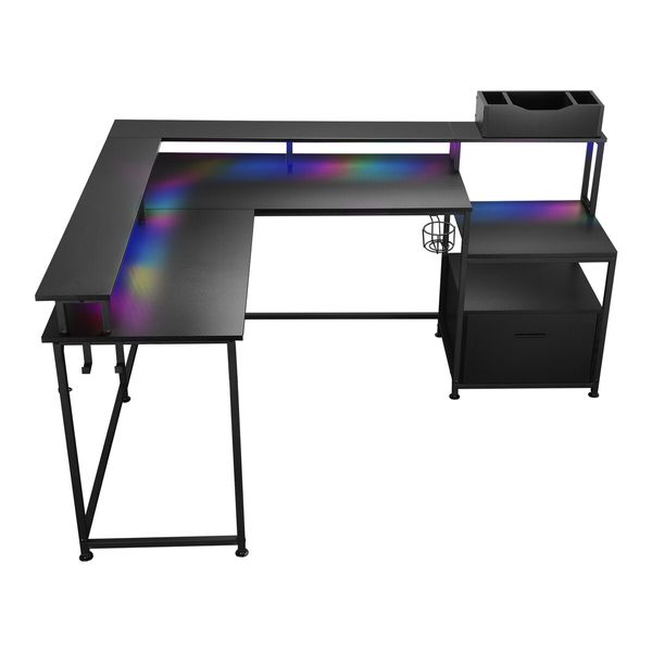 Gaming Desk L Shaped Corner Computer Racer Standing Side Table Drawer with LED Lights Storage Shelves Carbon Fibre