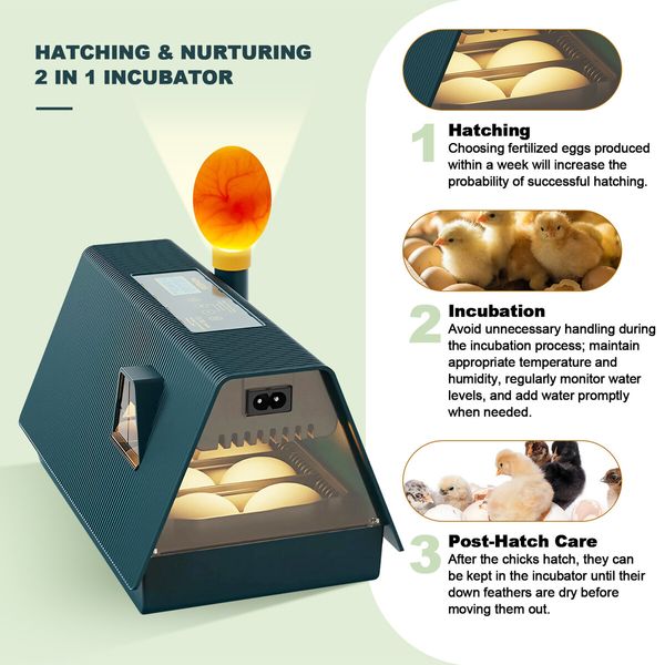 10 Eggs Incubator Chicken Hatcher Turning for Quail Duck Poultry Bird Hatching Automatic Humidity Control Candler