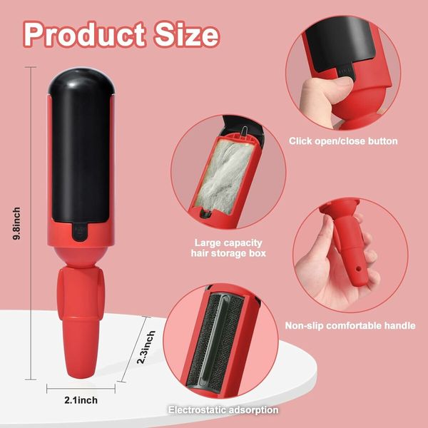 Pet Hair Remover Roller, Reusable Dog and Cat Hair Remover with Comfortable Non-Slip Handle, Portable Pet Hair Removal Tool with Base (Red),1 Pack