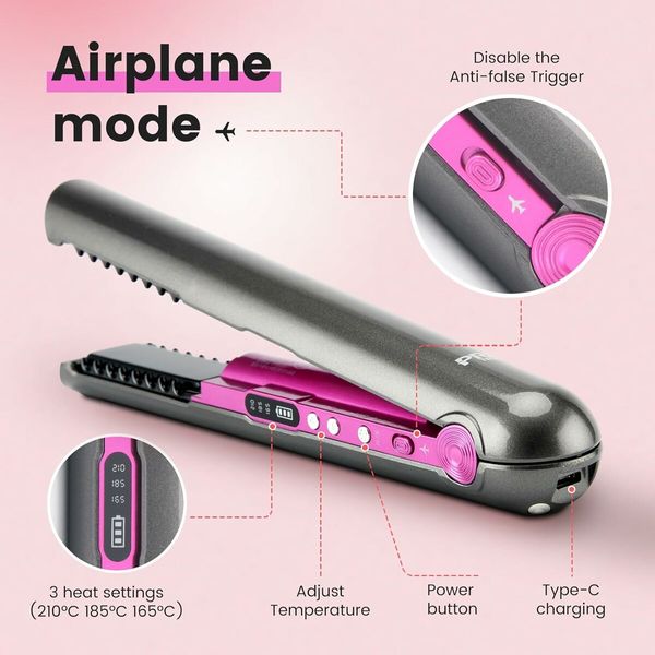 Travel Flat Iron Cordless, Mini Hair Straightener and Curler for On The Go, Portable Size USB-C Rechargeable Grey Straightening Iron