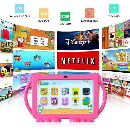 7 Inch Kids Tablet, 32GB ROM Android 11.0, Toddler Tablet with Bluetooth, WiFi, GMS, Parental Control, Dual Camera, Shockproof Case, Educational, Games (Pink)