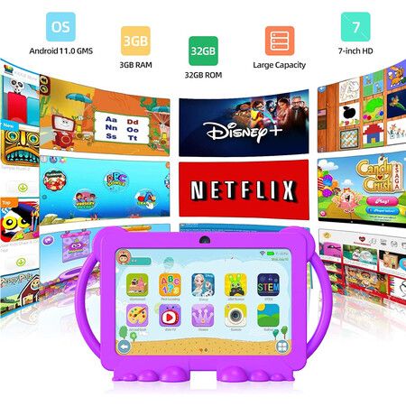 7 Inch Kids Tablet with 32GB ROM Android 11.0 Toddler Tablet Bluetooth WiFi GMS Parental Control Dual Camera Shockproof Case Educational Games in Purple