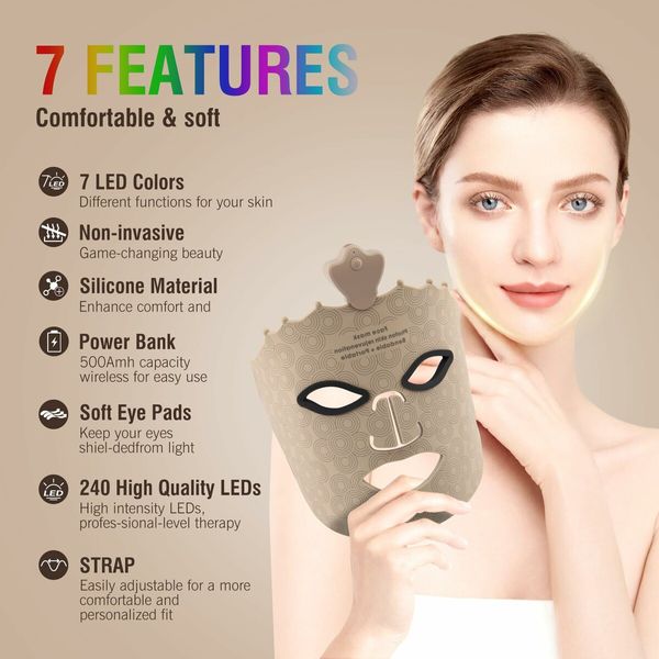 7 Color Red Light Mask, Wireless LED Face Mask Light with Eye Protection Cushion, Lightweight Soft Silicone for Face