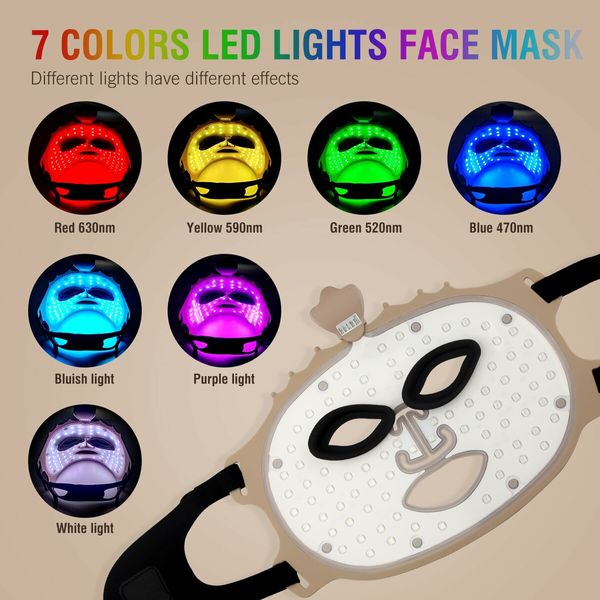 7 Color Red Light Mask, Wireless LED Face Mask Light with Eye Protection Cushion, Lightweight Soft Silicone for Face