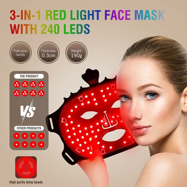 7 Color Red Light Mask, Wireless LED Face Mask Light with Eye Protection Cushion, Lightweight Soft Silicone for Face(Black)