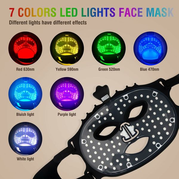 7 Color Red Light Mask, Wireless LED Face Mask Light with Eye Protection Cushion, Lightweight Soft Silicone for Face(Black)