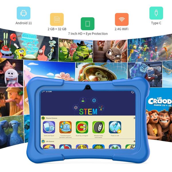 7 Inch Kids Tablets with WiFi 32GB ROM 2GB RAM Bluetooth Camera Parental Control Pre-Installed Apps Games Learning Educational Tablet with Case in Blue