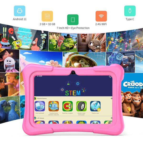 7 inch Kids Tablets with WiFi, 32GB ROM, 2GB RAM, Bluetooth, Camera, Parental Control, Pre-Installed APPs, Games, Learning Educational Toddler Tablet with Case(Pink)